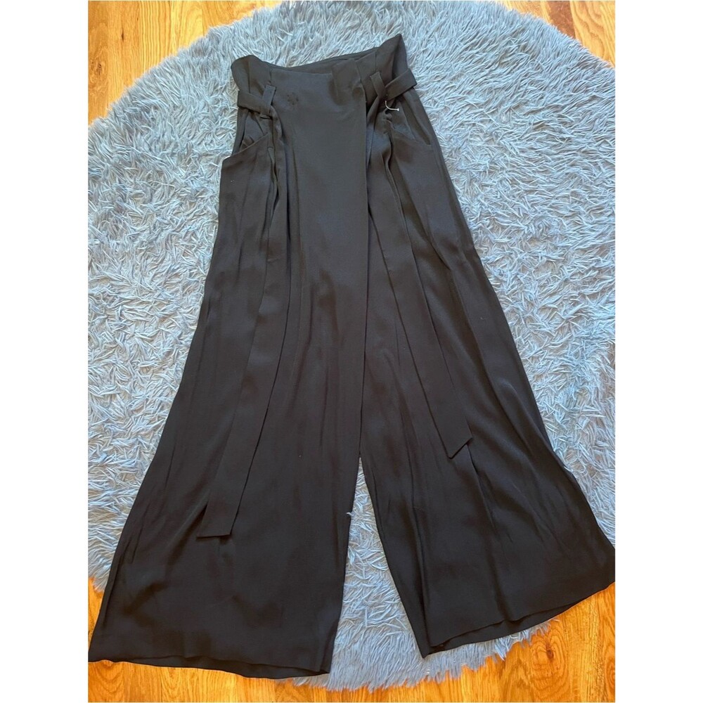 Mango Premium Wide Leg Black Satin Tie Waist Cropped Wrap Pants Size S